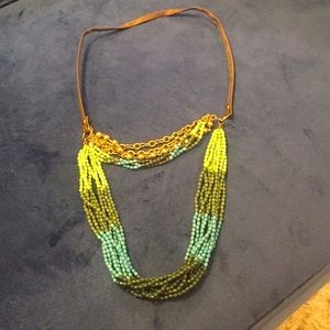 Beaded Necklace in Blues and Greens with Faux Leather, Bohemian Style